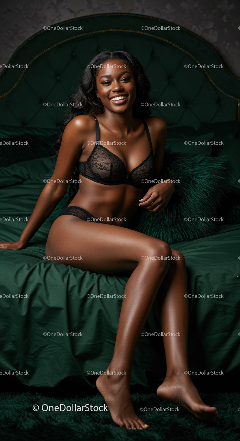 Smiling woman relaxing on dark green bed in lingerie