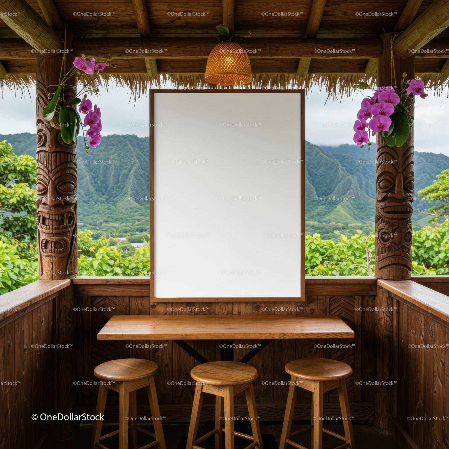 Cozy tropical seating area with scenic mountain view