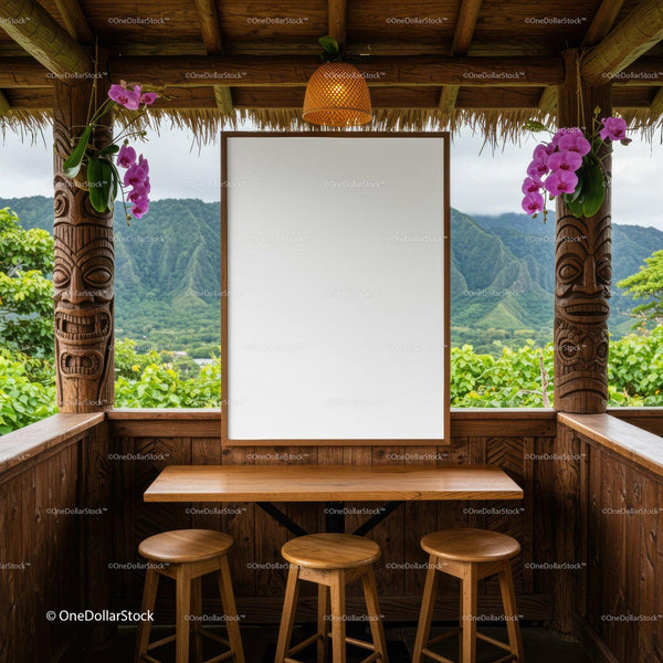 Cozy tropical seating area with scenic mountain view JPG Mockup Image