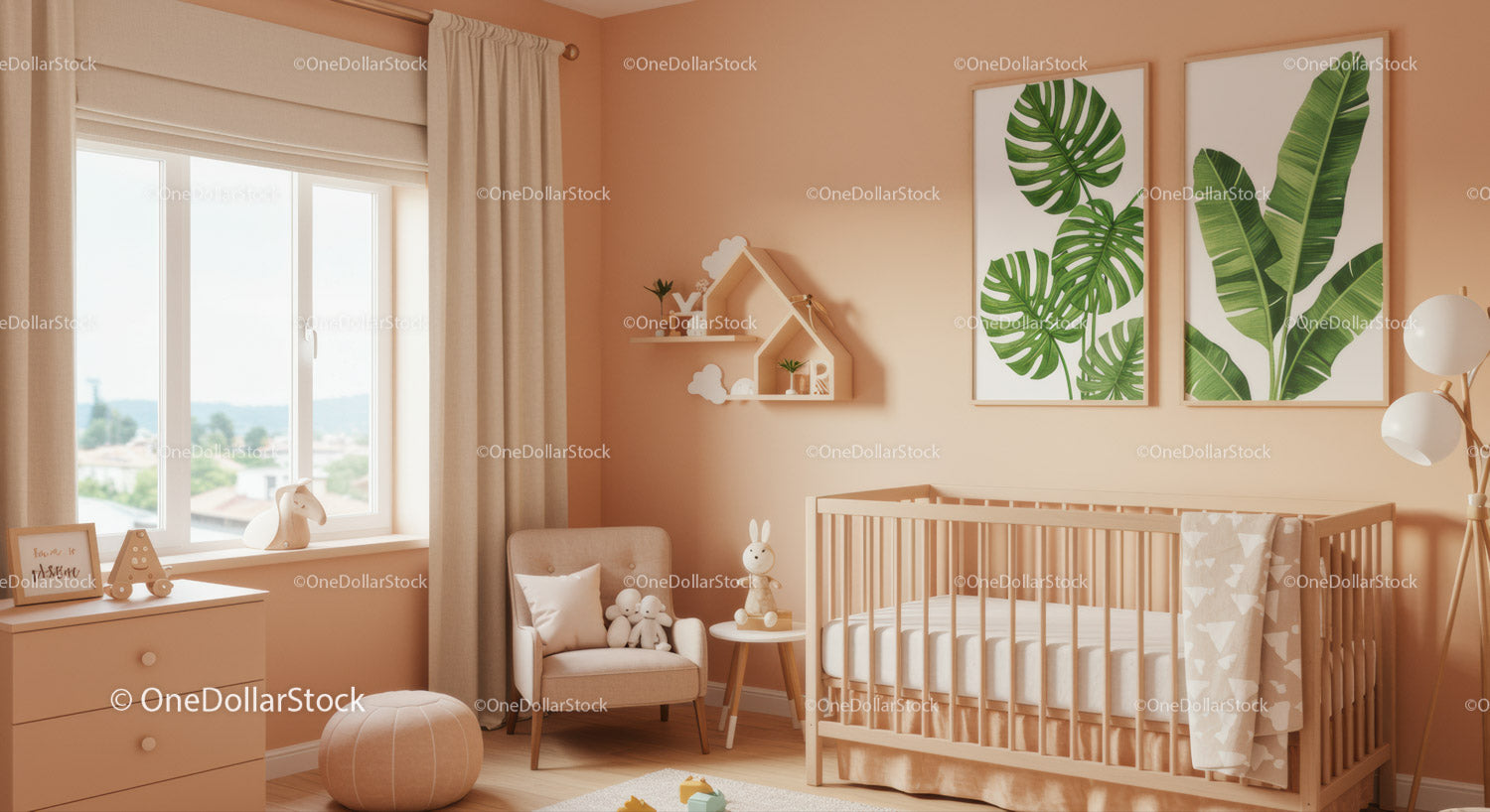 Baby Nursery Room with Monstera and Banana Leaf Wall Art