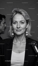 Confident Woman Speaking into Microphone in Professional Setting
