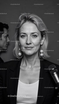 Confident Woman Speaking into Microphone in Professional Setting