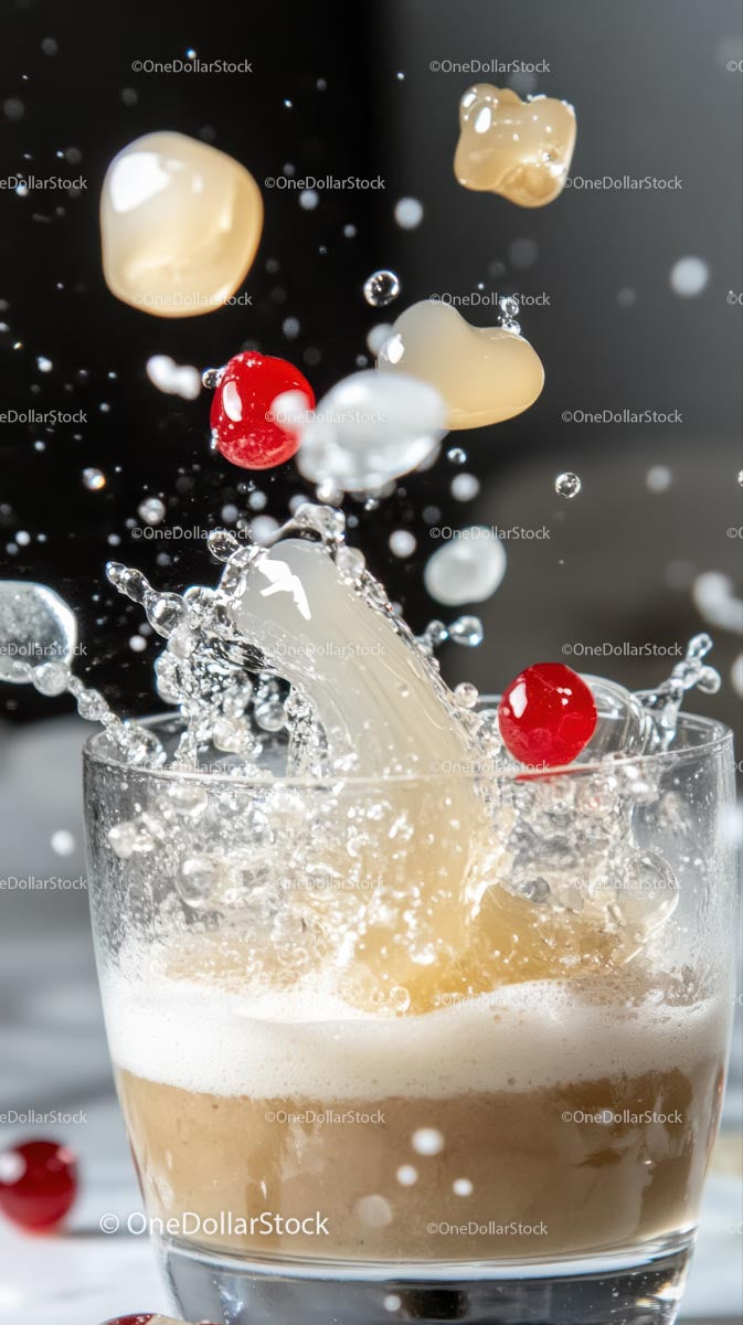 Iced Coffee Shake with Cream and Berries Splashing in a Glass