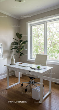 Bright Modern Home Office with Large Window and Indoor Plant