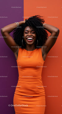 Vibrant Woman in Orange Dress Smiling Against Colorful Background