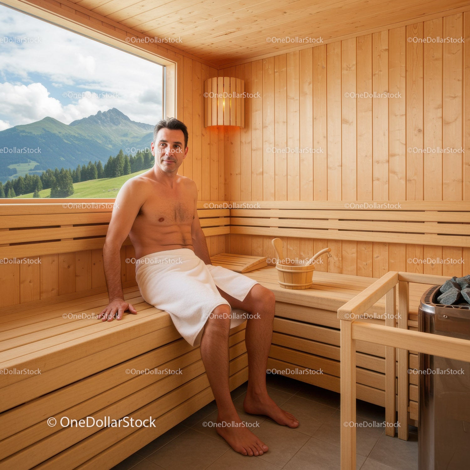 Man Relaxing in Wooden Sauna With Mountain View in Natural Interior