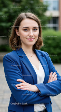Confident Businesswoman in Blue Blazer with Crossing Arms Outdoors