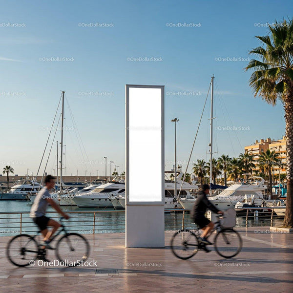 Cyclists Passing by Marina with Blank Advert Billboard JPG Mockup Image
