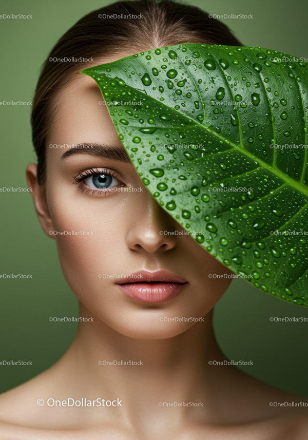 Elegant Woman with Blue Eye and Large Green Leaf with Water Drops