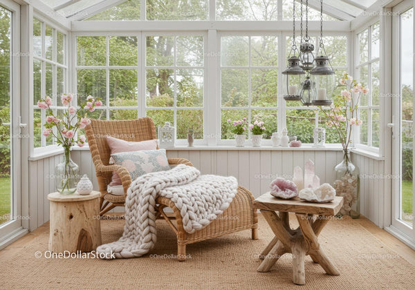 Cozy sunroom with wicker chaise and soft knit blanket