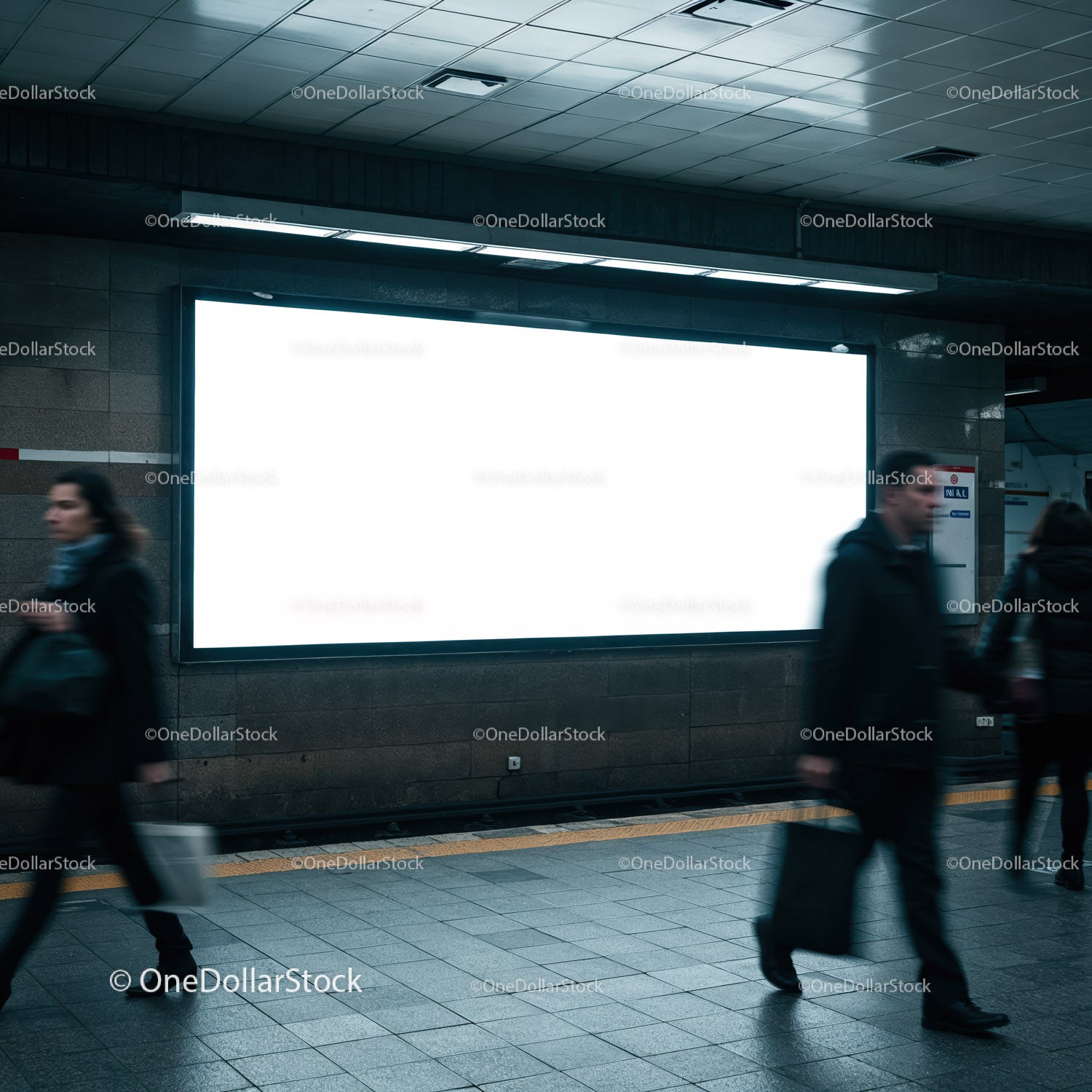 pasażerowie przechodzący obok pustego, oświetlonego billboardu metra