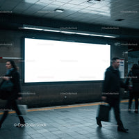  commuters walking past blank illuminated subway billboard