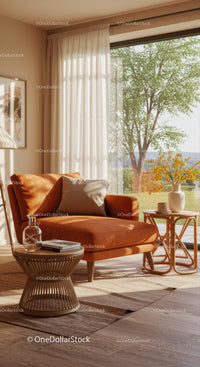 Cozy corner with orange lounge chair near large window