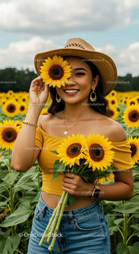 Happy Woman Smiling With Sunflowers in a Bright Field