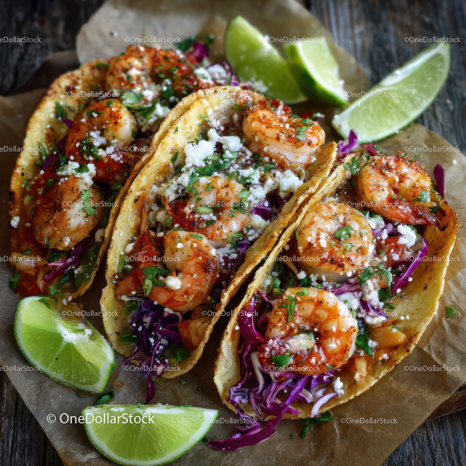 Spicy Shrimp Tacos with Purple Cabbage and Lime Wedges