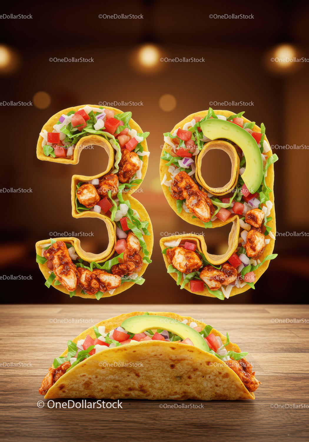 Fresh taco in shape of 39 with colorful toppings