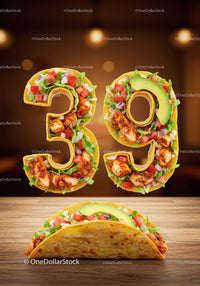Fresh taco in shape of 39 with colorful toppings