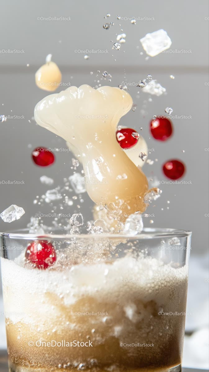 Fruit Splash with Cherries and Ice Cubes in a Glass