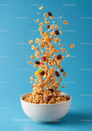 Healthy cereal with dried fruit falling into bowl