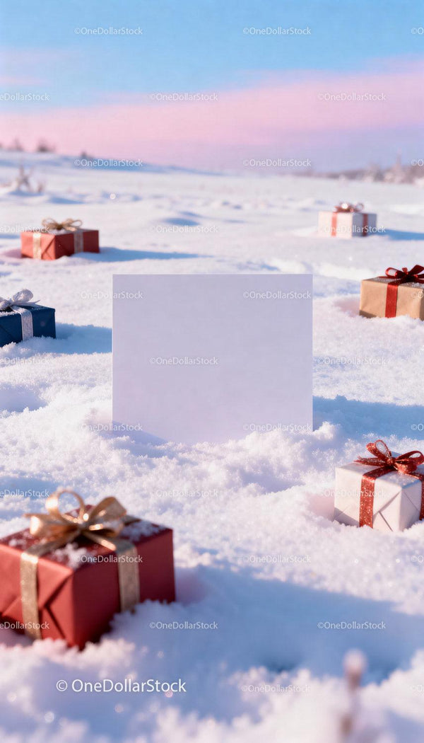 Christmas gift boxes scattered on fresh snow with blank card