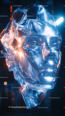 Futuristic Glass Head Sculpture with Blue Illumination