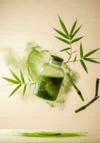 Green Matcha Powder Jar with Bamboo Leaves and Sticks