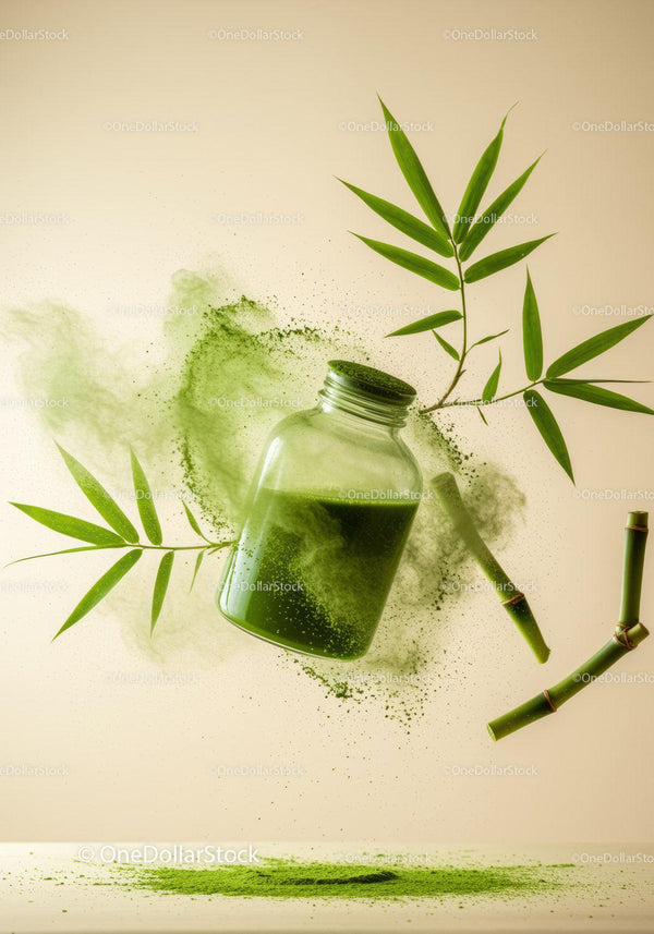 Zielony Proszek Matcha w Słoiku z Liśćmi i Patyczkami Bambusa