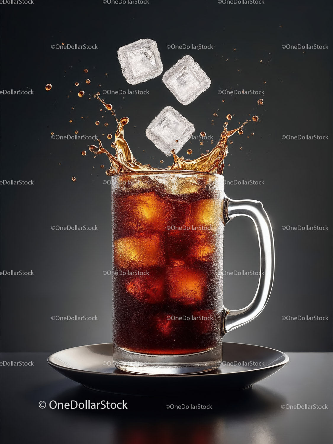 Refreshing cola splash with ice cubes in glass mug