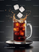 Refreshing cola splash with ice cubes in glass mug