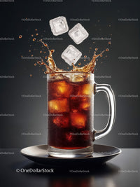 Refreshing cola splash with ice cubes in glass mug