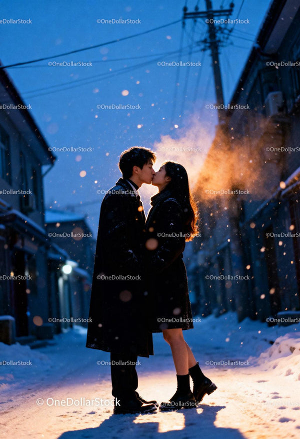 Couple Sharing a Tender Kiss on Snowy Evening Street