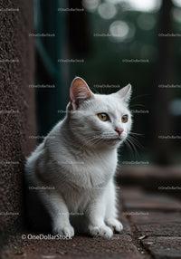 White cat sitting thoughtfully on rustic pavement