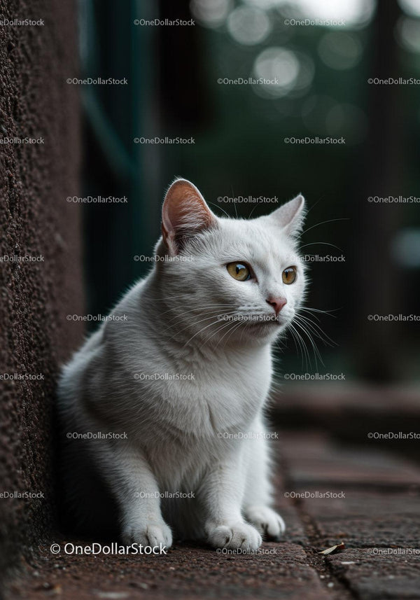 White cat sitting thoughtfully on rustic pavement