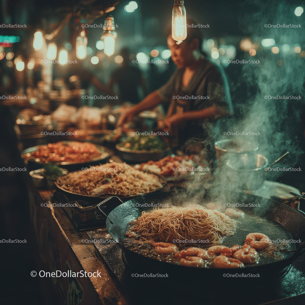 Night Street Food Stall with Seafood and Noodles in Warm Lighting