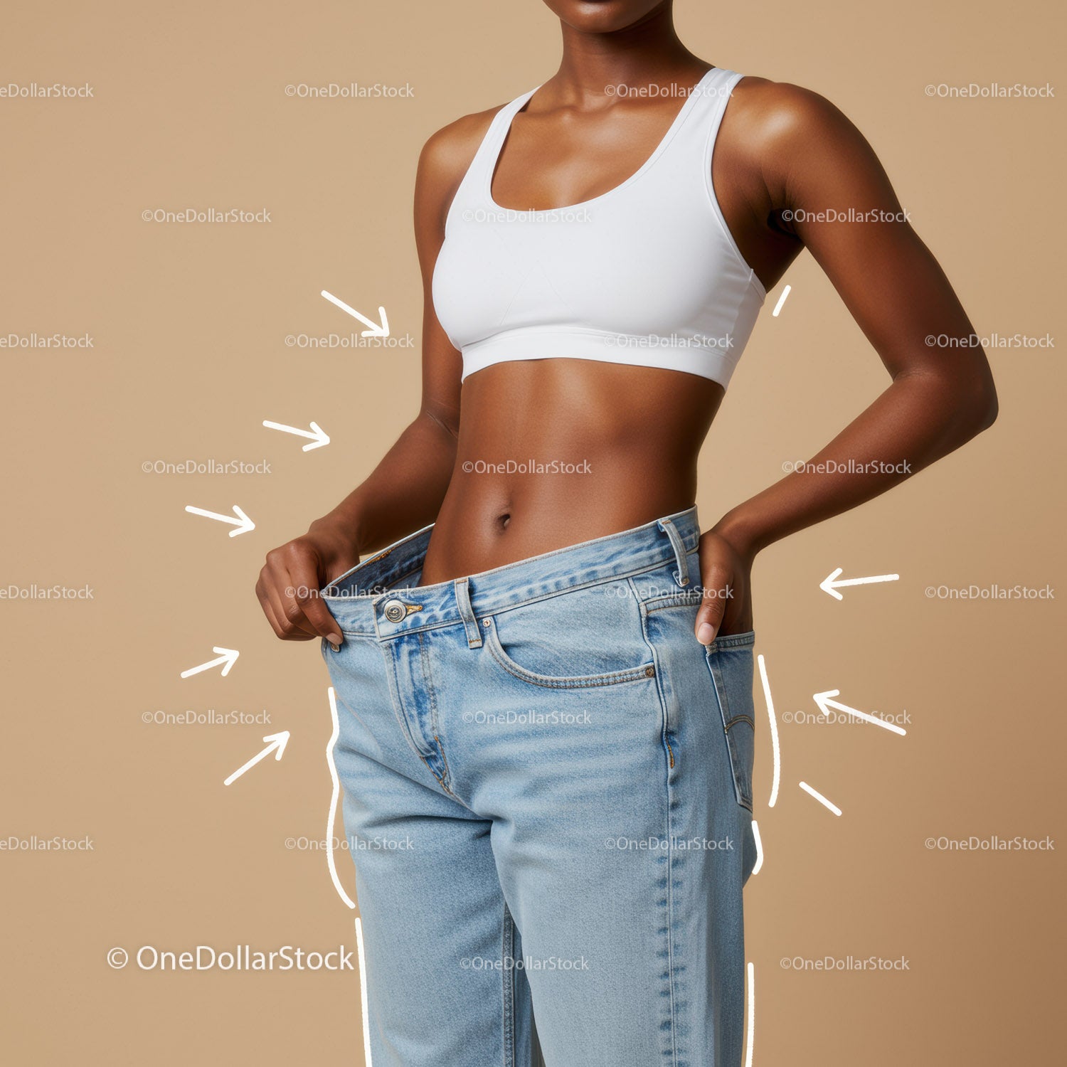 Young Woman in White Sports Bra and Oversized Jeans Showing Size Difference