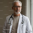 Senior Male Doctor With Stethoscope Near Hospital Window