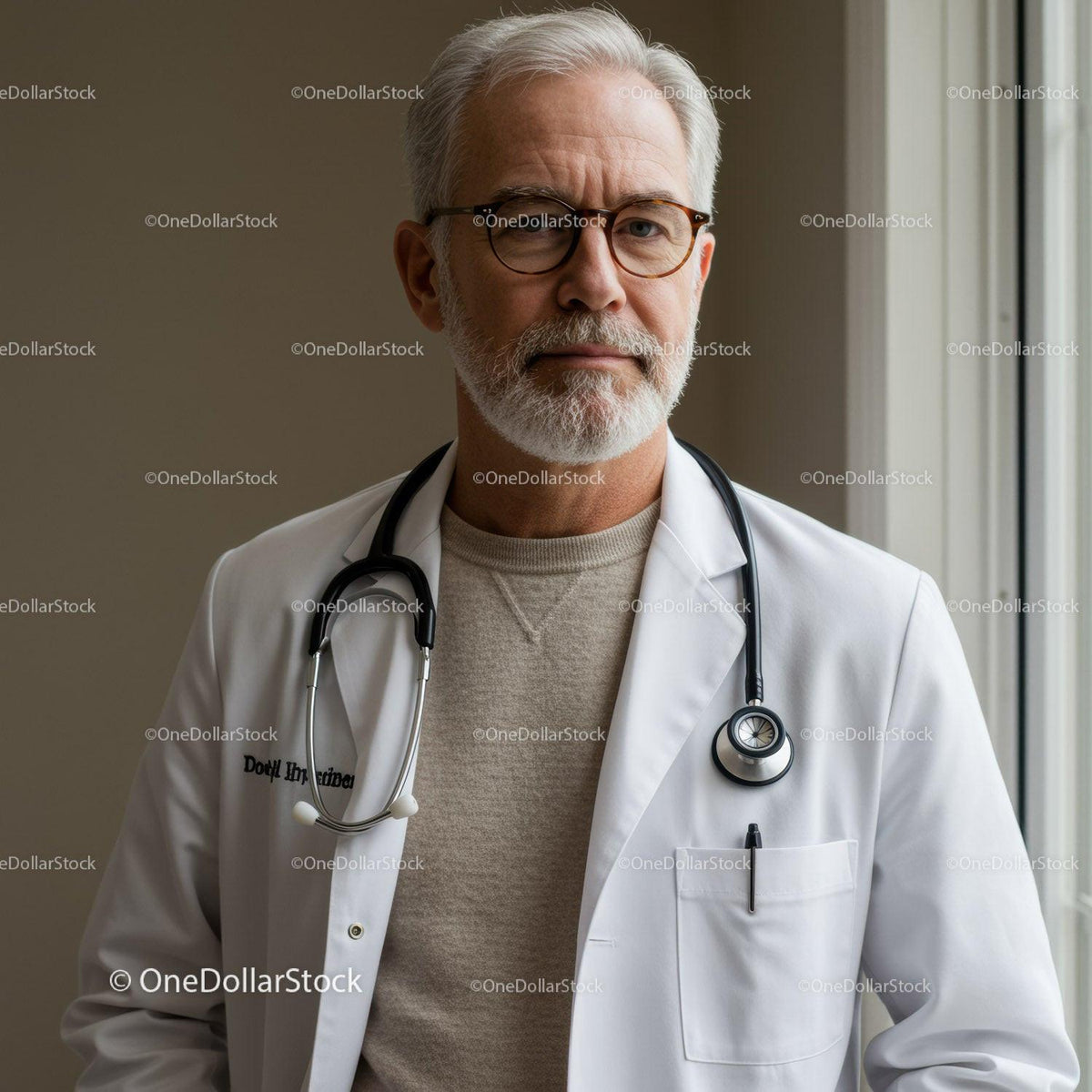 Senior Male Doctor With Stethoscope Near Hospital Window