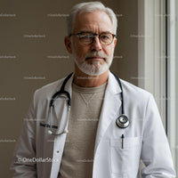 Senior Male Doctor With Stethoscope Near Hospital Window