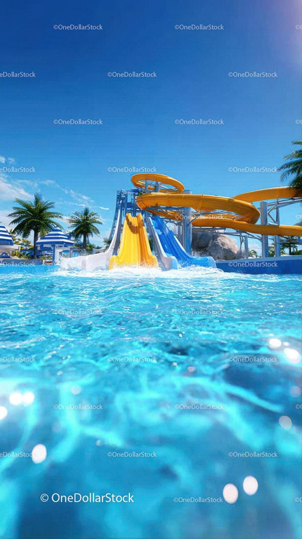 Colorful Water Slides at Tropical Water Park Under Bright Blue Sky