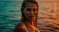 Young Woman in Sunset by Ocean with Water Droplets