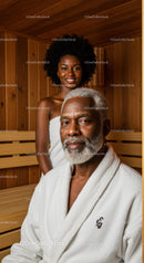 Elderly Man and Young Woman Enjoying Spa in Wooden Sauna