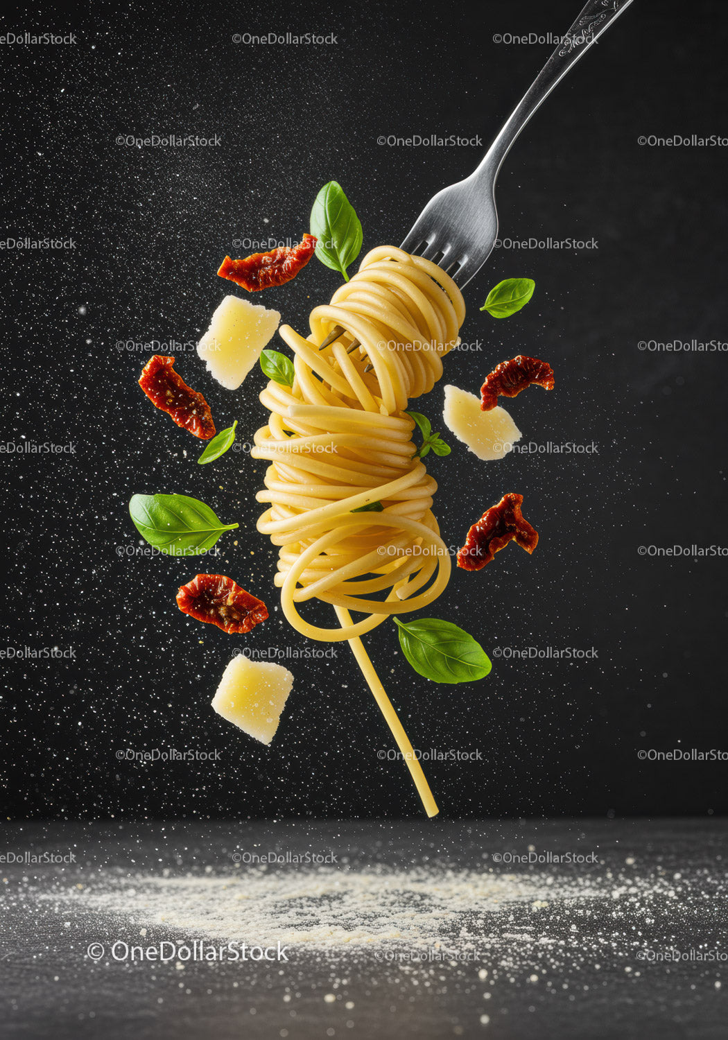 Spaghetti skręcone na widelcu z bazylią i parmezanem