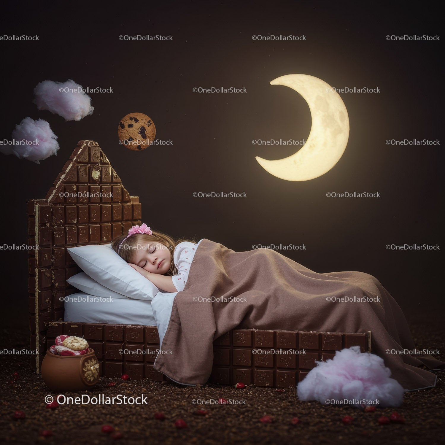 Sleeping Child in Chocolate Bed with Cookie Moonlight