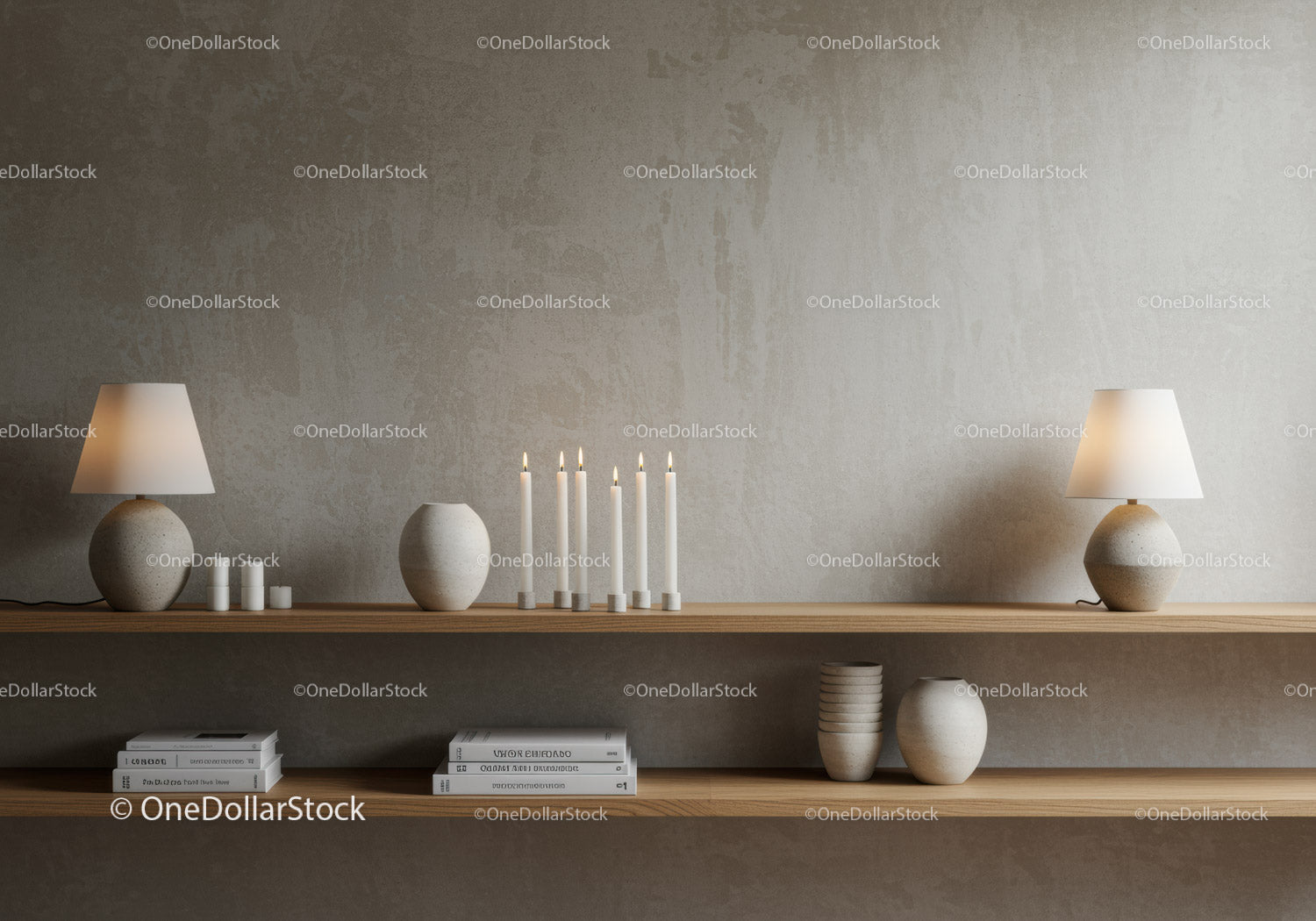 Minimalist shelf with lamps and ceramic decor