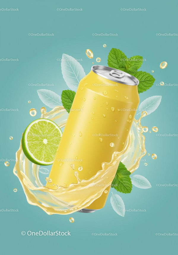Refreshing Citrus Drink Can with Lime and Mint Splash JPG Mockup Image