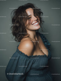Joyful Woman with Curly Hair and Bright Smile in Fashion Portrait