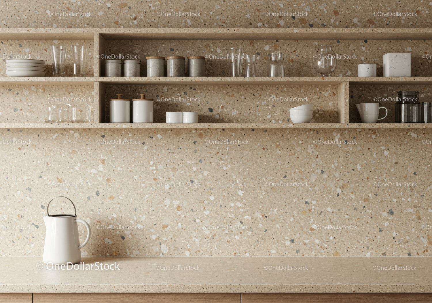 Contemporary Kitchen with Terrazzo Backsplash and White Ceramic Decor