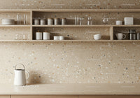 Contemporary Kitchen with Terrazzo Backsplash and White Ceramic Decor
