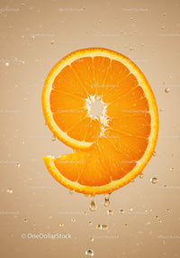 Fresh orange slice with water droplets close up