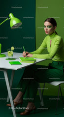 Stylish Woman in Green with Refreshing Drink in Modern Workspace
